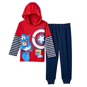 Toddler Boy Marvel Captain America Mock-Layered Long Sleeve Hooded Tee & Pants Set