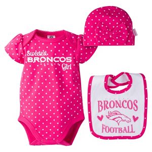 Baby Girl Denver Broncos 3-Piece Bodysuit, Bib & Cap Set