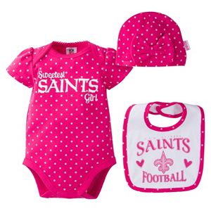 Baby Girl New Orleans Saints 3-Piece Bodysuit, Bib & Cap Set