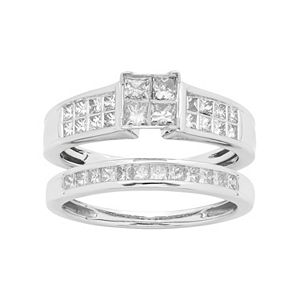 14k White Gold 1 Carat T.W. IGL Certified Diamond Square Engagement Ring Set