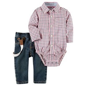 Baby Boy Carter's Plaid Button-Down Bodysuit & Suspender Jeans Set