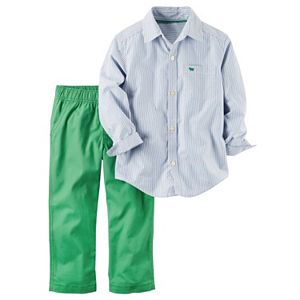 Baby Boy Carter's Striped Button-Down Poplin Shirt & Green Canvas Pants Set