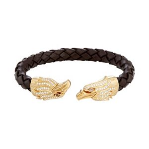 Men's Stainless Steel & Brown Leather Cubic Zirconia Eagle Cuff Bracelet