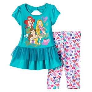 Disney Princess Rapunzel, Ariel & Belle Tiered Bow Back Tunic & Heart Print Leggings Set