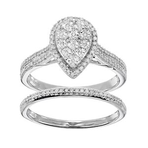 Sterling Silver 1/4 Carat T.W. Diamond Pear Halo Engagement Ring Set