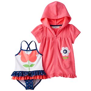 Baby Girl Wippette Flower One-Piece Swimsuit & French Terry Cover-Up