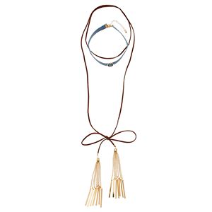Blue Choker & Brown Long Tassel Lariat Necklace Set