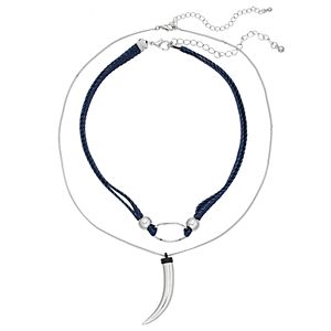 Blue Double Strand Choker & Horn Pendant Necklace Set