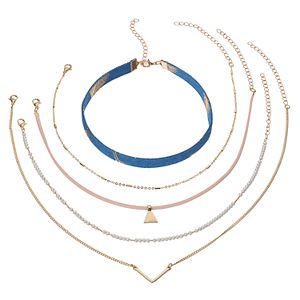Blue Fabric, Simulated Pearl & Triange Necklace Set