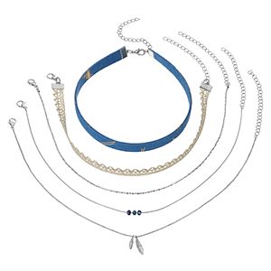 Blue Fabric, Lace & Leaf Choker Necklace Set