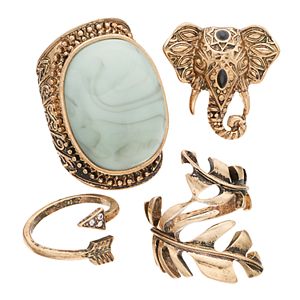 Leaf, Elephant, Arrow & Cabochon Ring Set