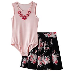 Girls 7-16 Knitworks Mesh Neckline Bodysuit & Floral Skater Skirt Set with Necklace