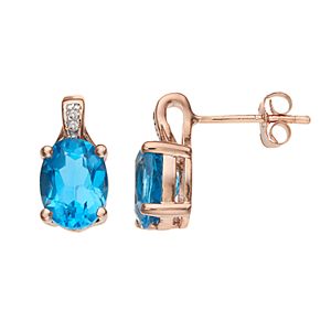 14k Rose Gold Over Silver Blue Topaz & Diamond Accent Oval Stud Earrings